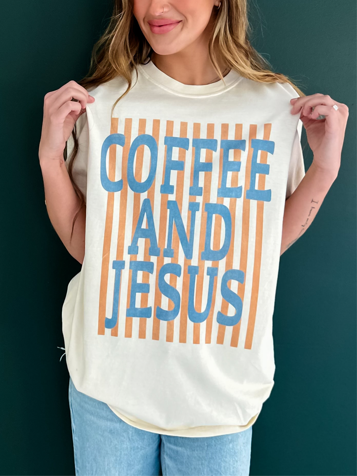 model wearing Coffee and Jesus Tee