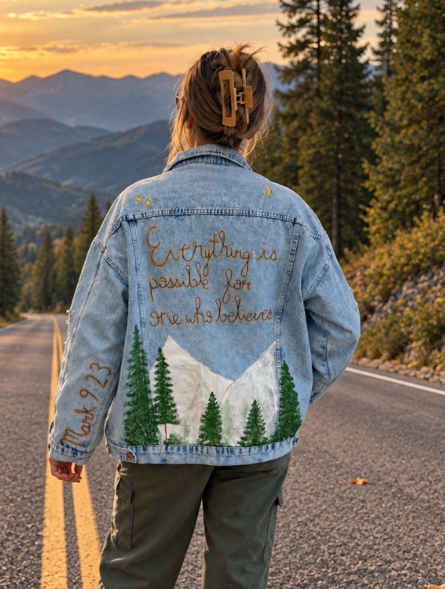 Custom Hand-Painted Jean Jacket - Mountain Scene