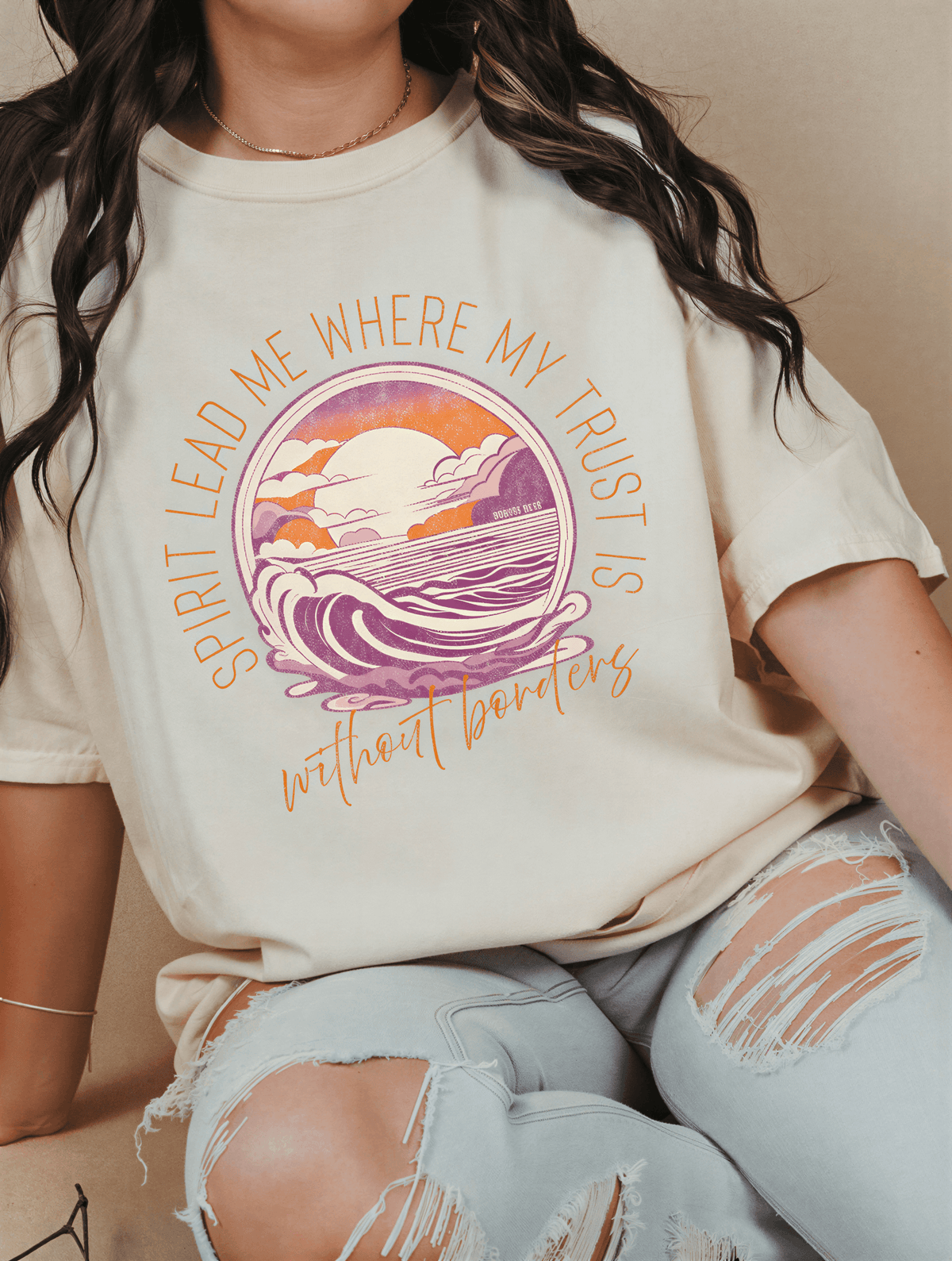 model wearing without borders tee