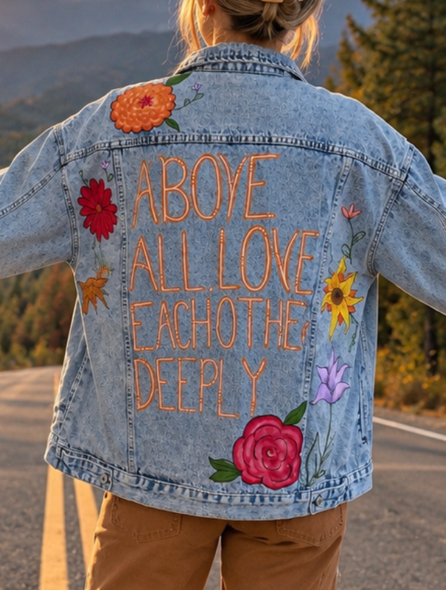 Custom Hand-Painted Jean Jacket - Fall Flowers