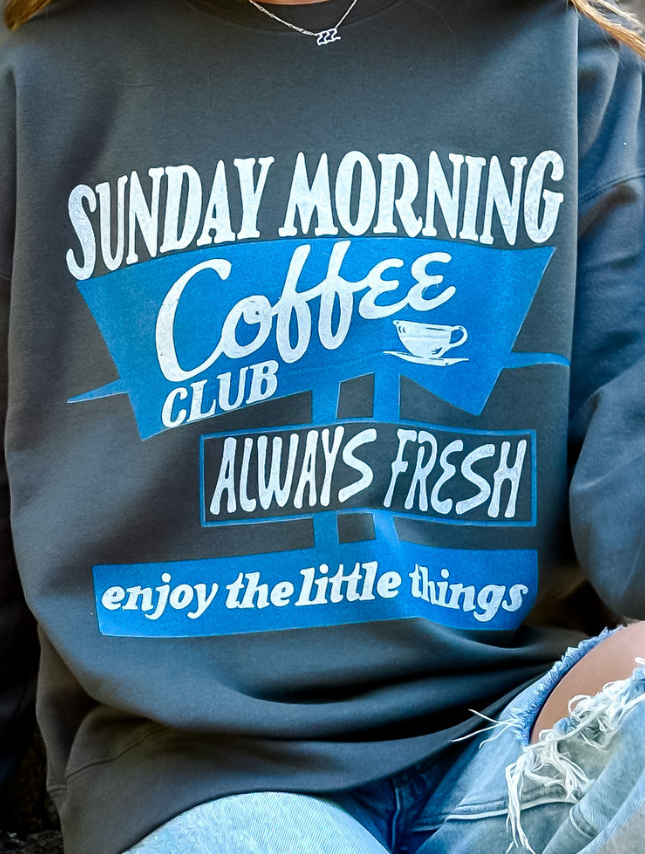 model wearing Sunday Coffee Club Sweatshirt