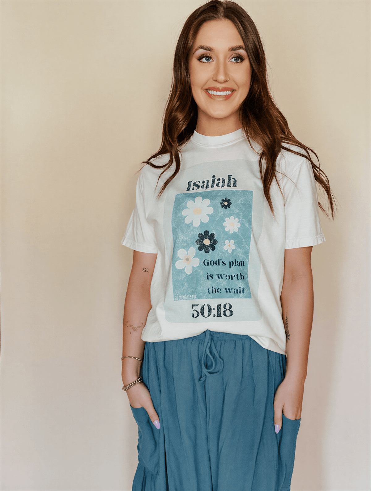 model wearing Isaiah 30:18 tee