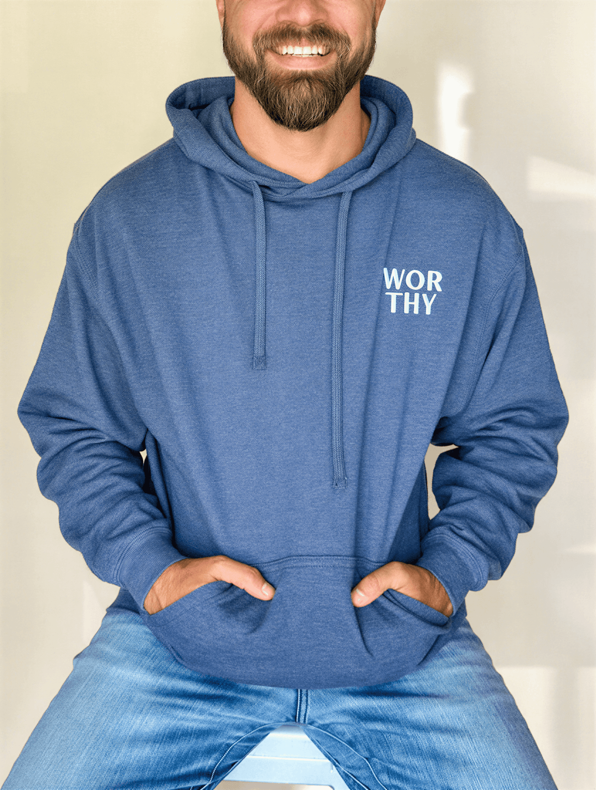 model wearing Worthy Embroidered Hoodie - Navy