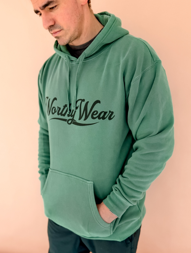 model wearing Worthy Wear Pigment-Dye Hoodie
