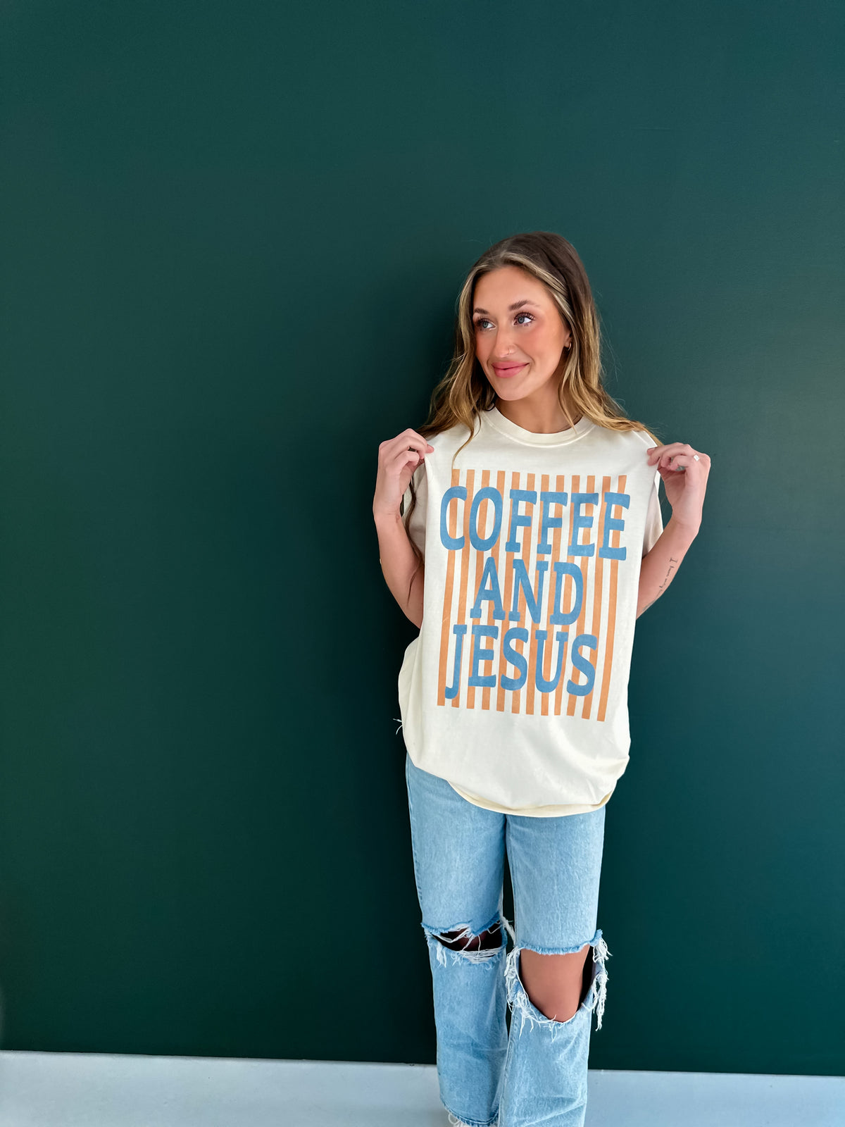 model wearing Coffee and Jesus Tee