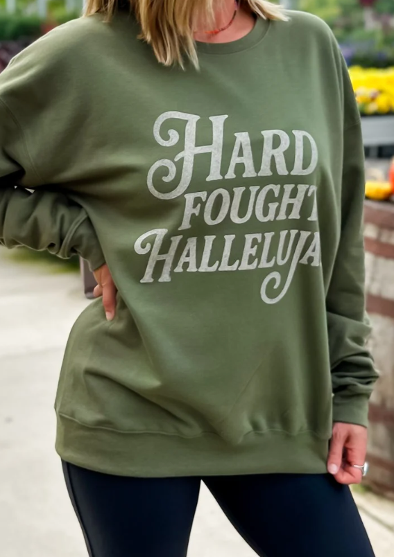 model wearing Hard Fought Hallelujah Sweatshirt