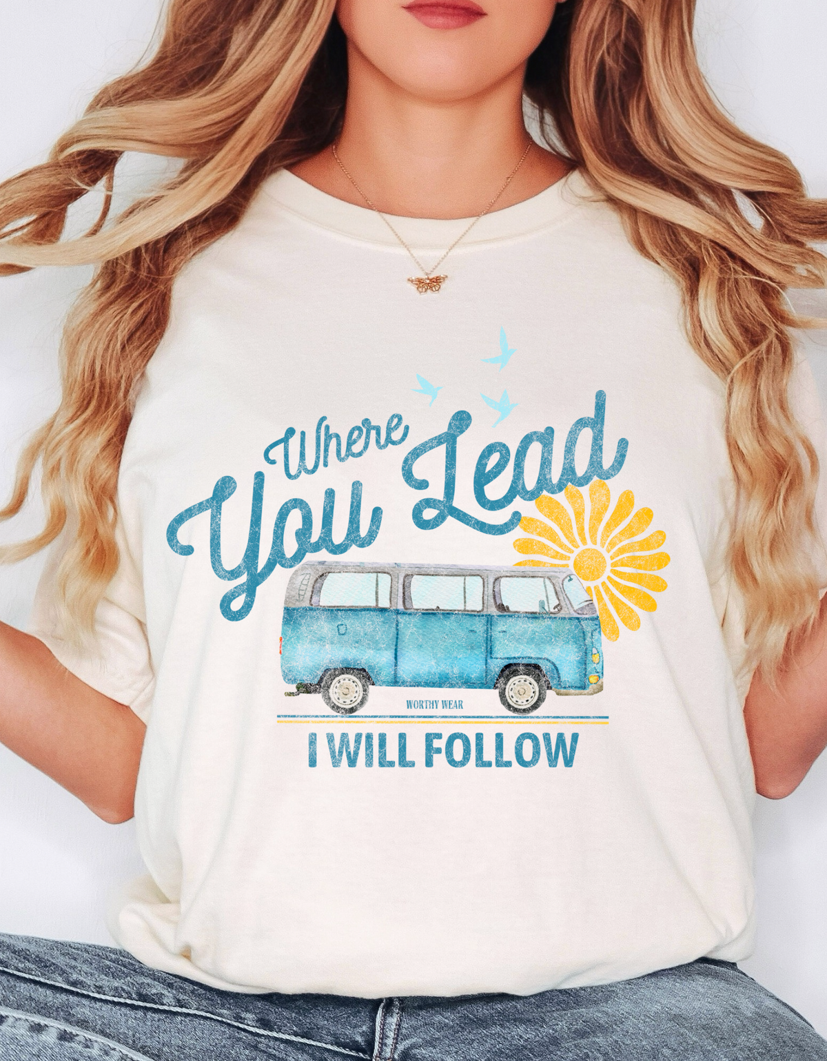 model wearing where he leads tee