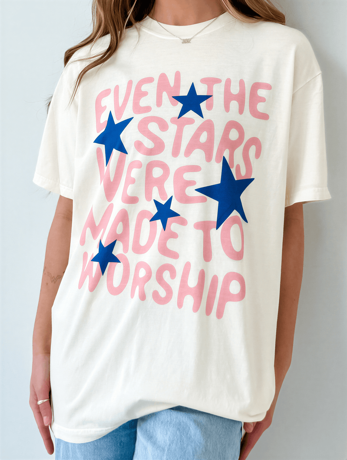 model wearing Even The Stars Tee