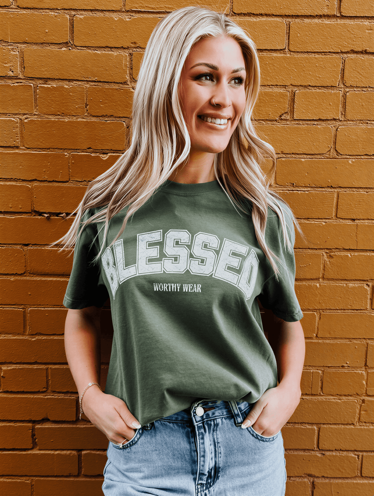 model wearing blessed tee