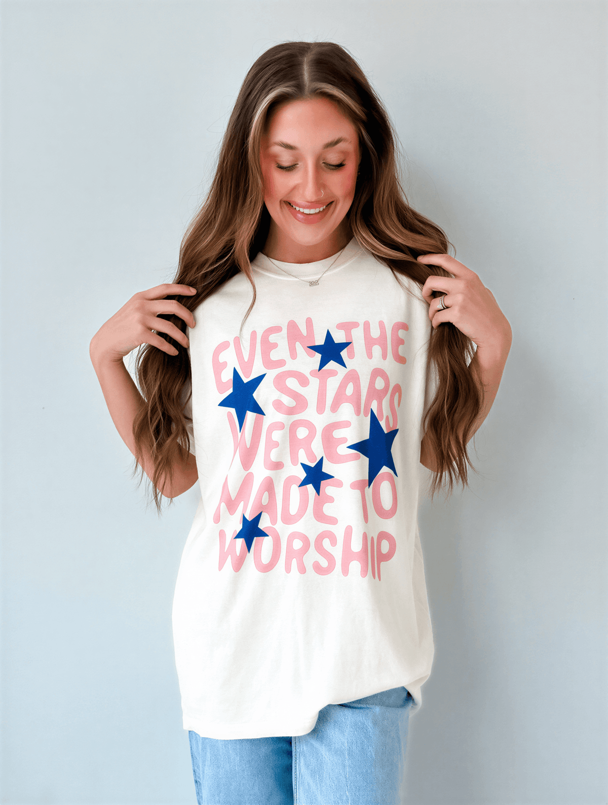 model wearing Even The Stars Tee