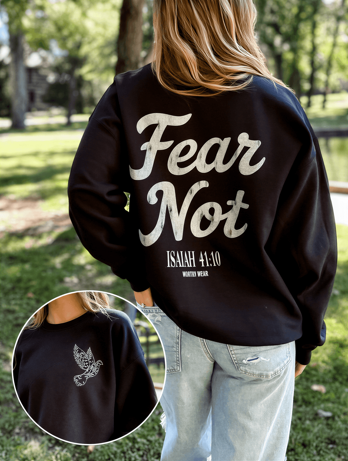 model wearing Fear Not Sweatshirt