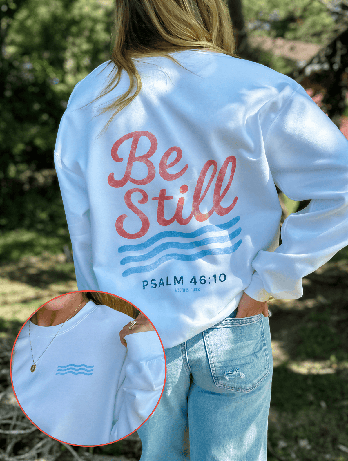 model wearing Be Still Sweatshirt