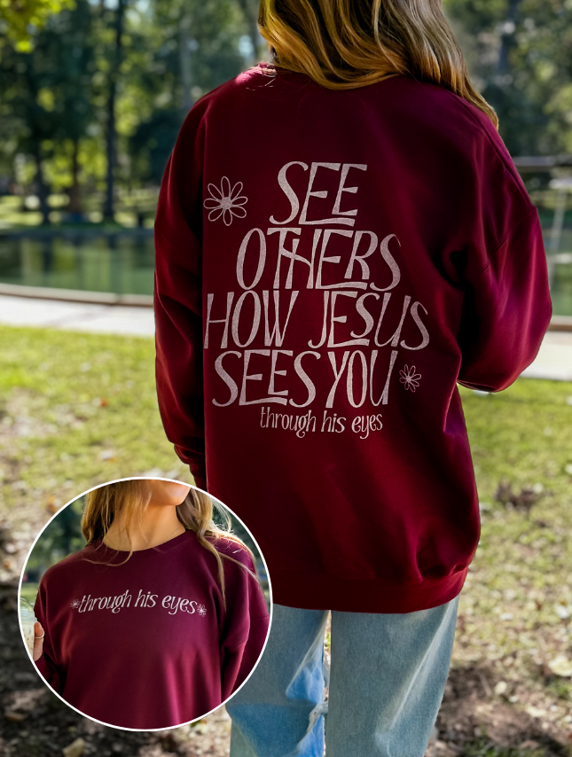 model wearing Through His Eyes Sweatshirt
