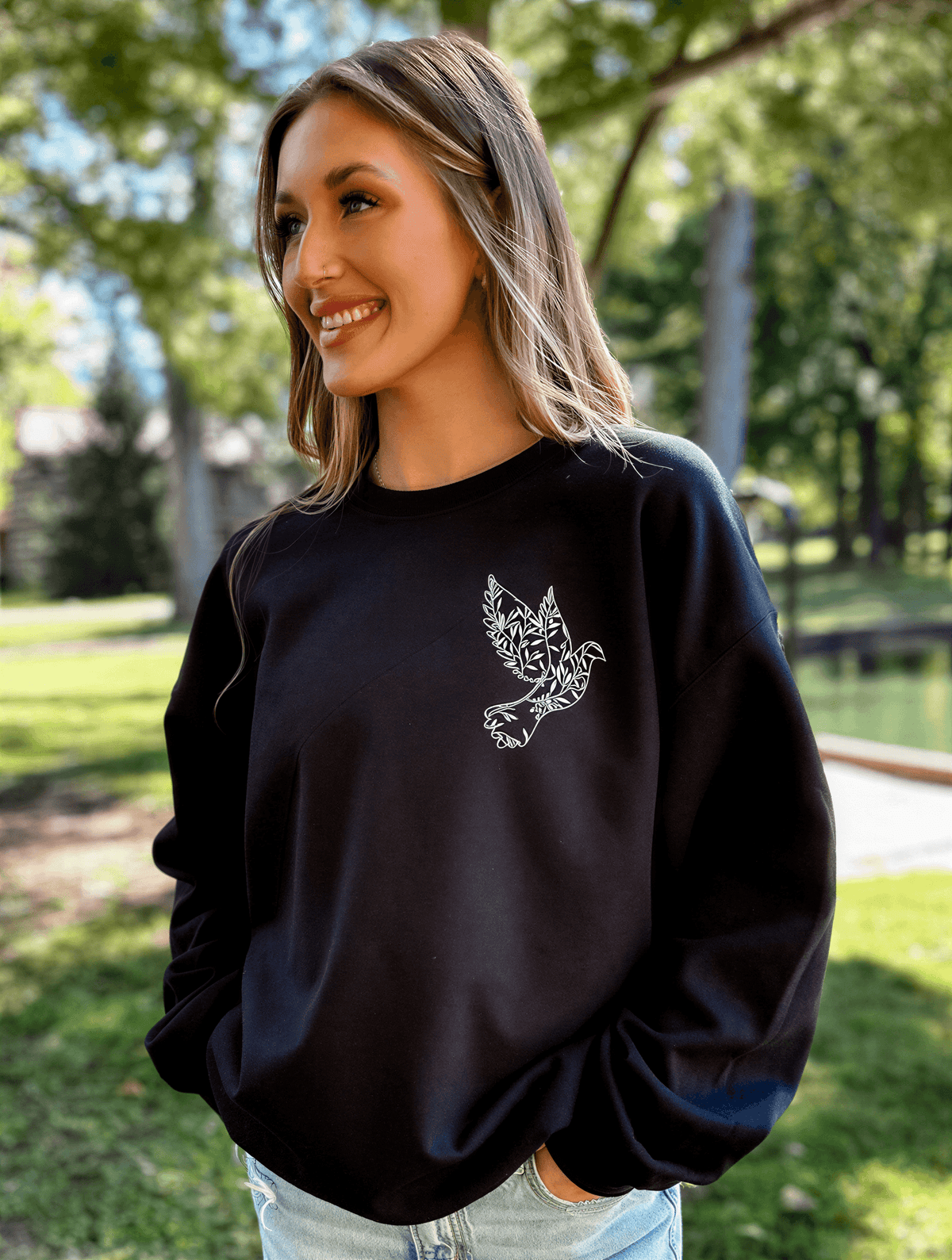 model wearing Fear Not Sweatshirt