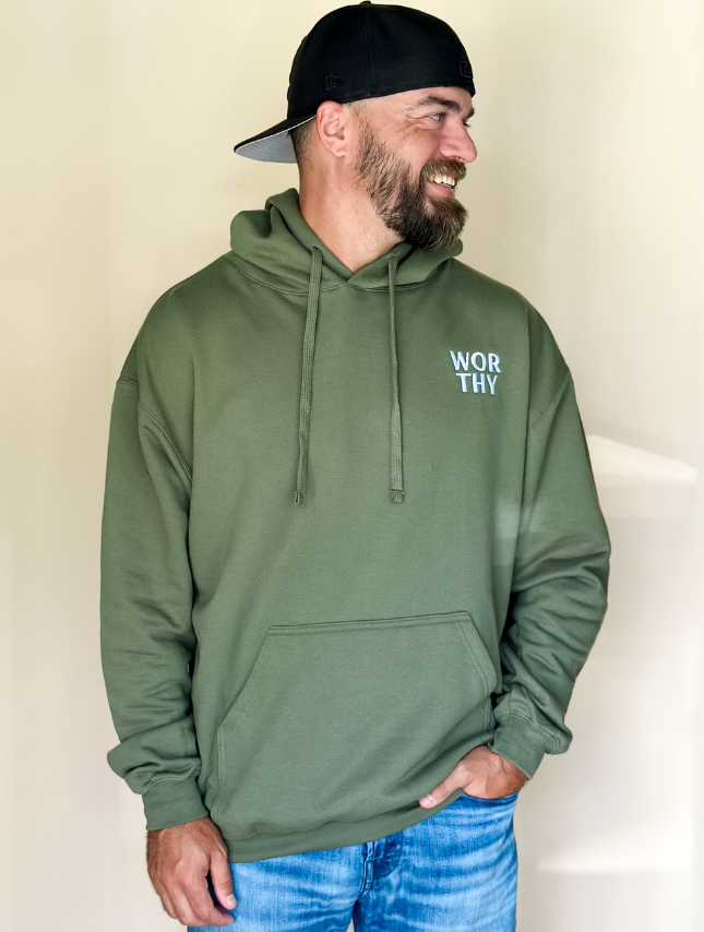model wearing Worthy Embroidered Hoodie - Military Green
