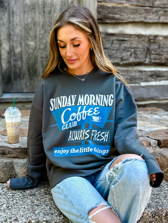model wearing Sunday Coffee Club Sweatshirt