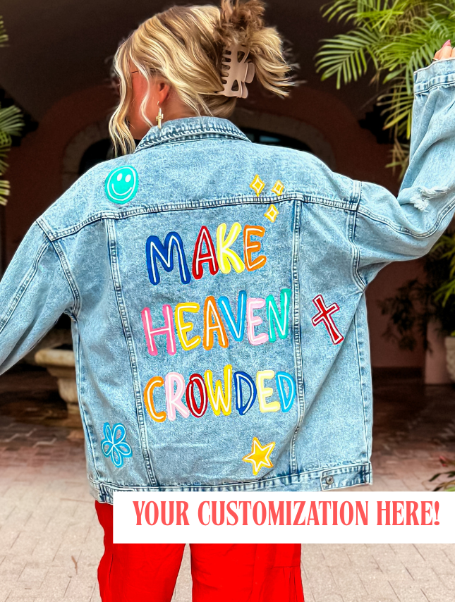 model wearing Custom Hand-Painted Jean Jacket - Happy Icons