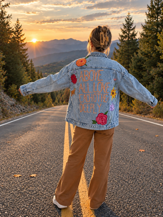 Custom Hand-Painted Jean Jacket - Fall Flowers
