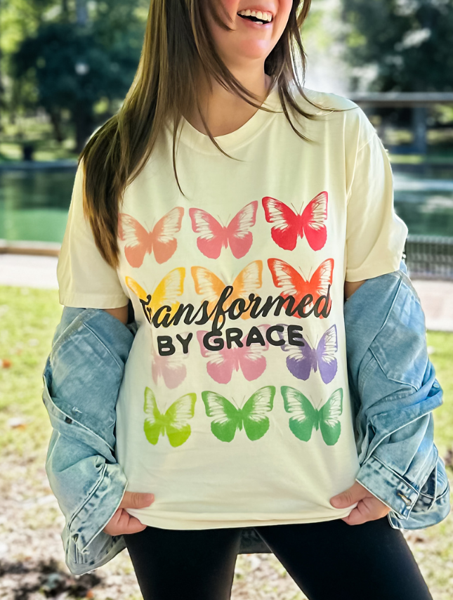 model wearing Transformed By Grace Tee