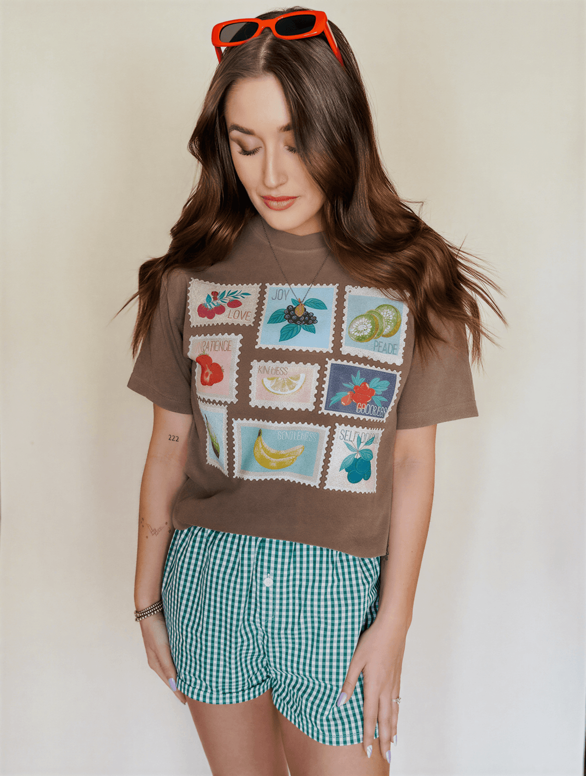 model wearing Fruit of the Spirit Stamps Tee