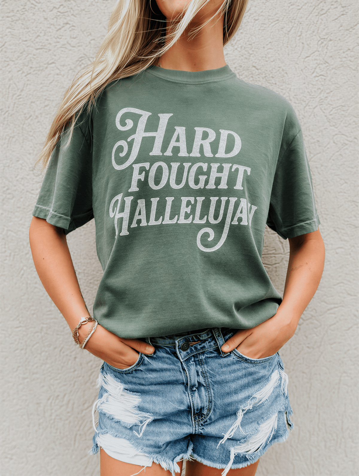 model wearing Hard Fought Hallelujah Tee