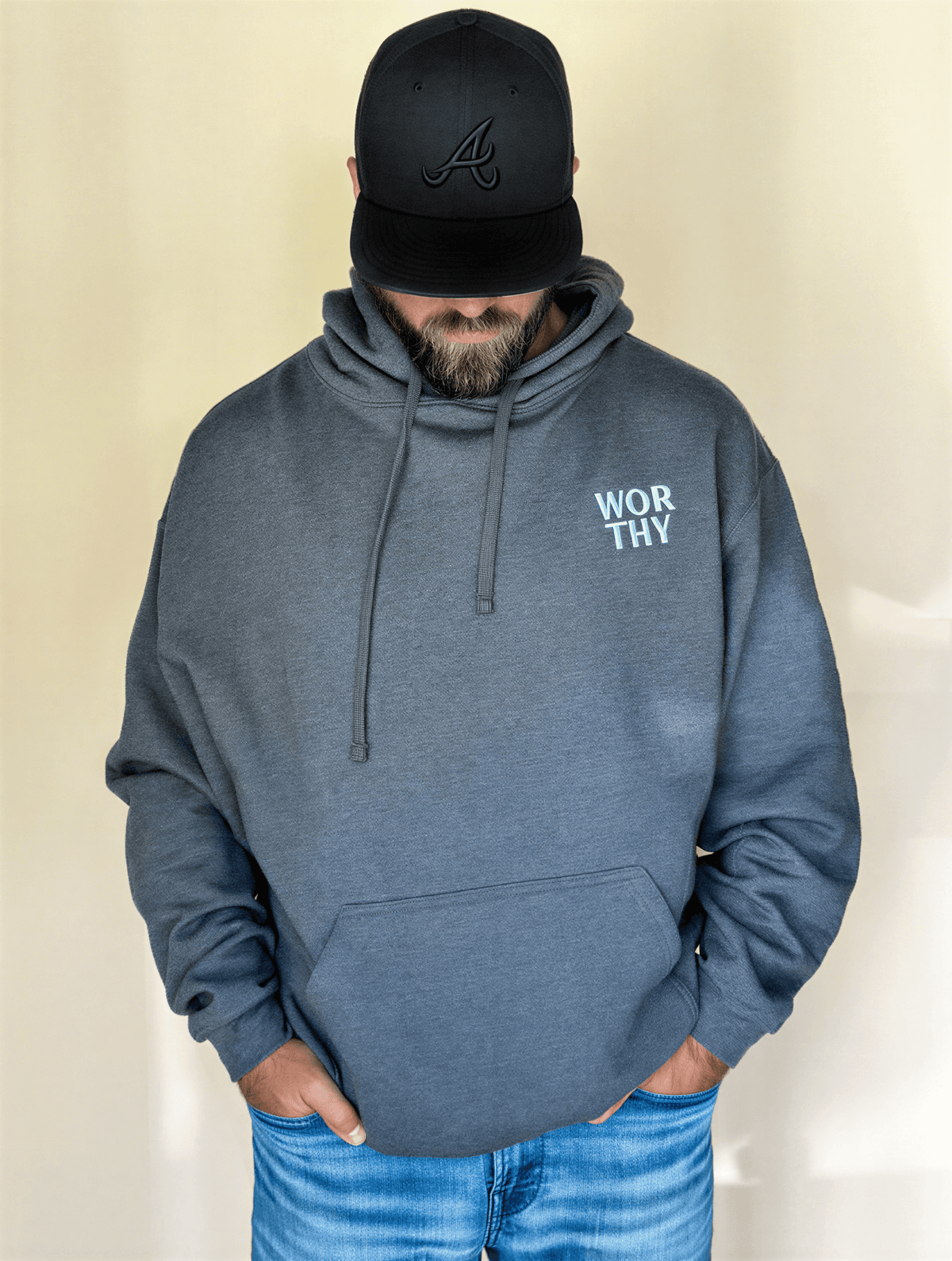 model wearing Worthy Embroidered Hoodie - Charcoal