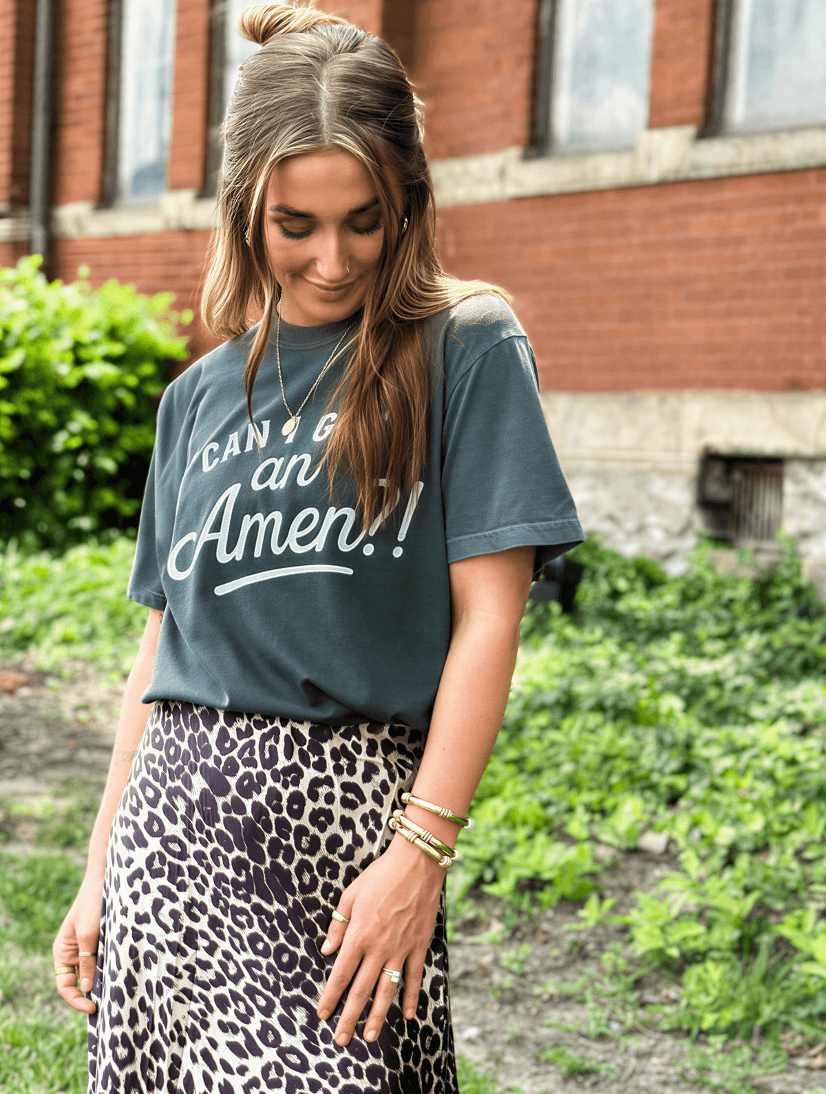 model wearing Can I Get An Amen Tee
