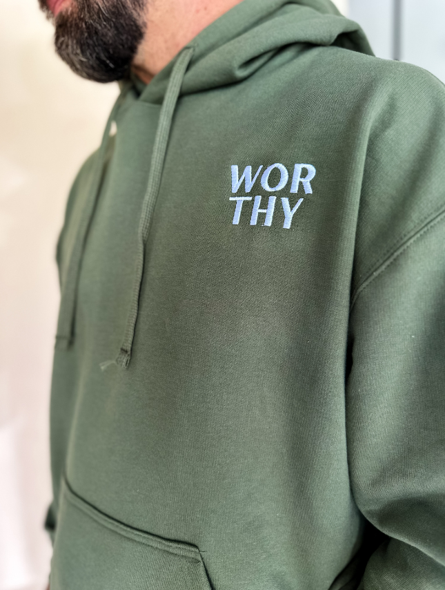 model wearing Worthy Embroidered Hoodie - Military Green