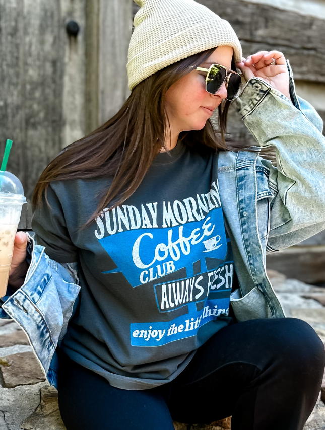 model wearing Sunday Coffee Club Tee
