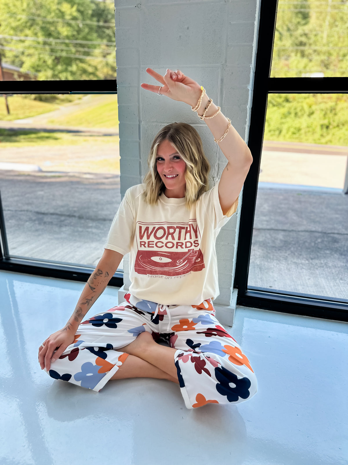 model wearing Worthy Records Tee