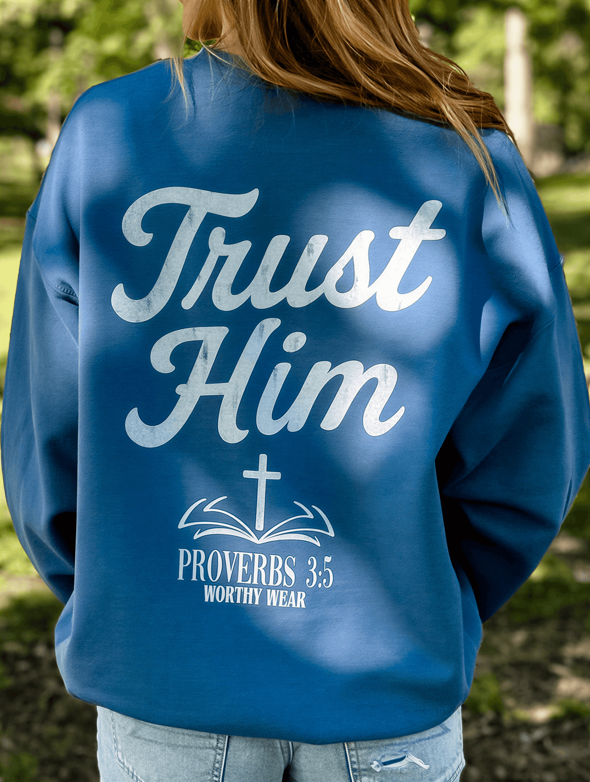 model wearing Trust Him Sweatshirt