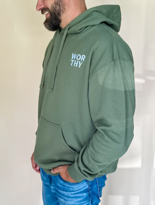 model wearing Worthy Embroidered Hoodie - Military Green