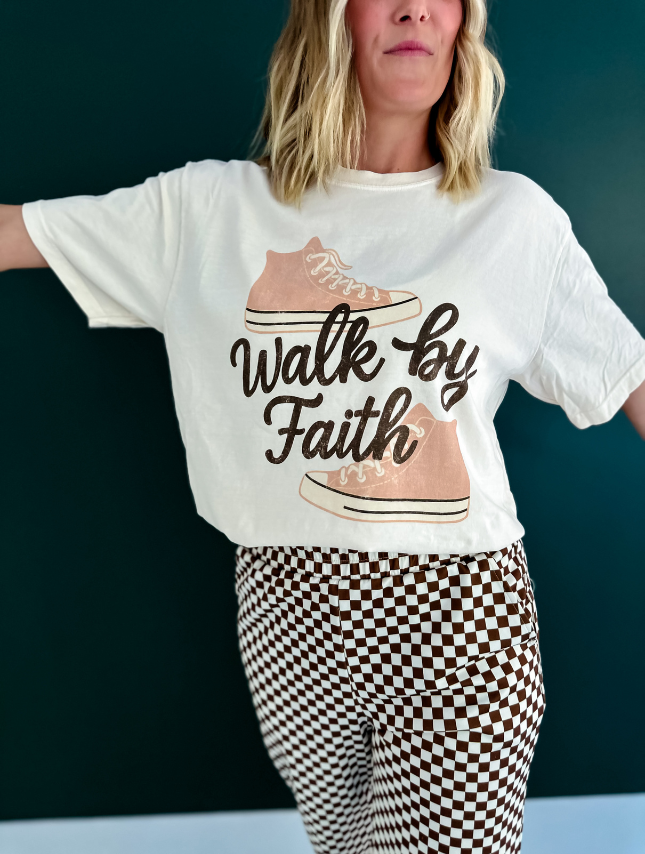 model wearing Faith Shoes Tee