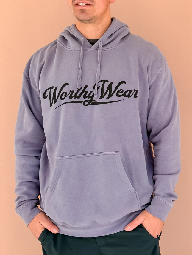 model wearing Worthy Wear Pigment-Dye Hoodie 