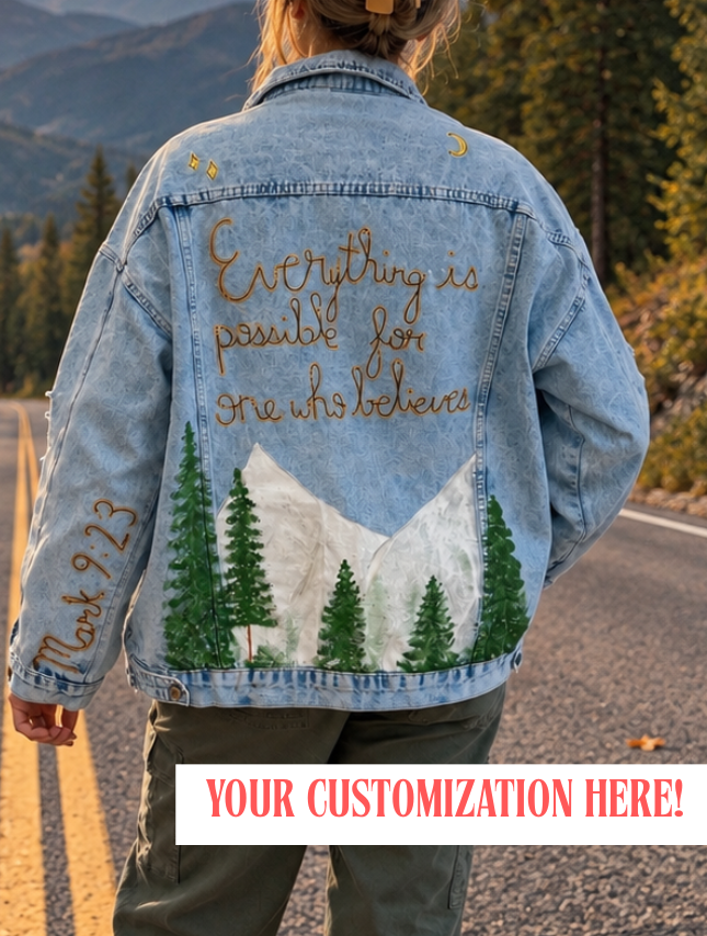 Custom Hand-Painted Jean Jacket - Mountain Scene