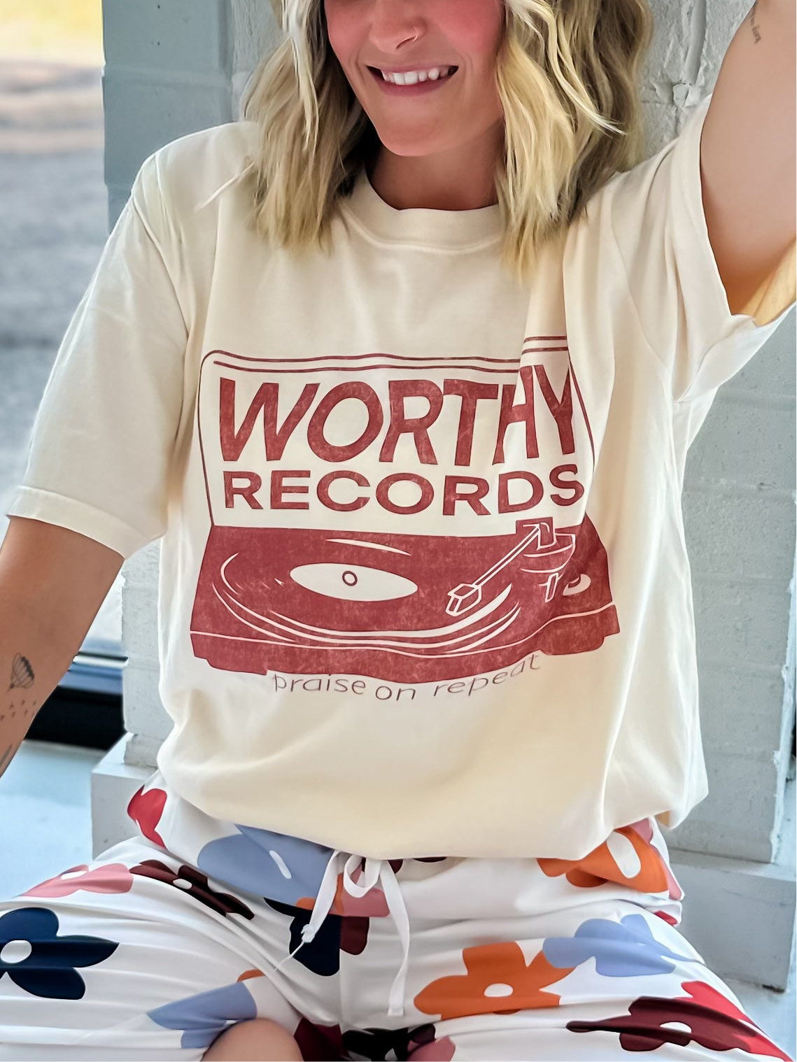 model wearing Worthy Records Tee