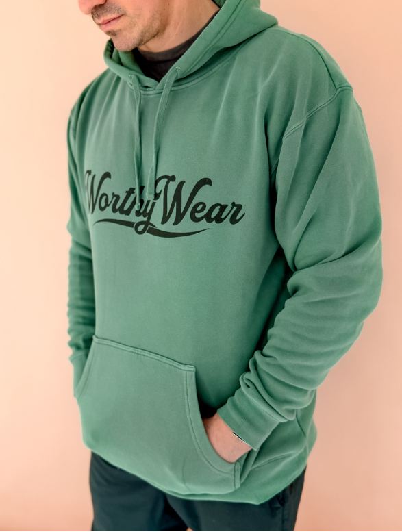 model wearing Worthy Wear Pigment-Dye Hoodie