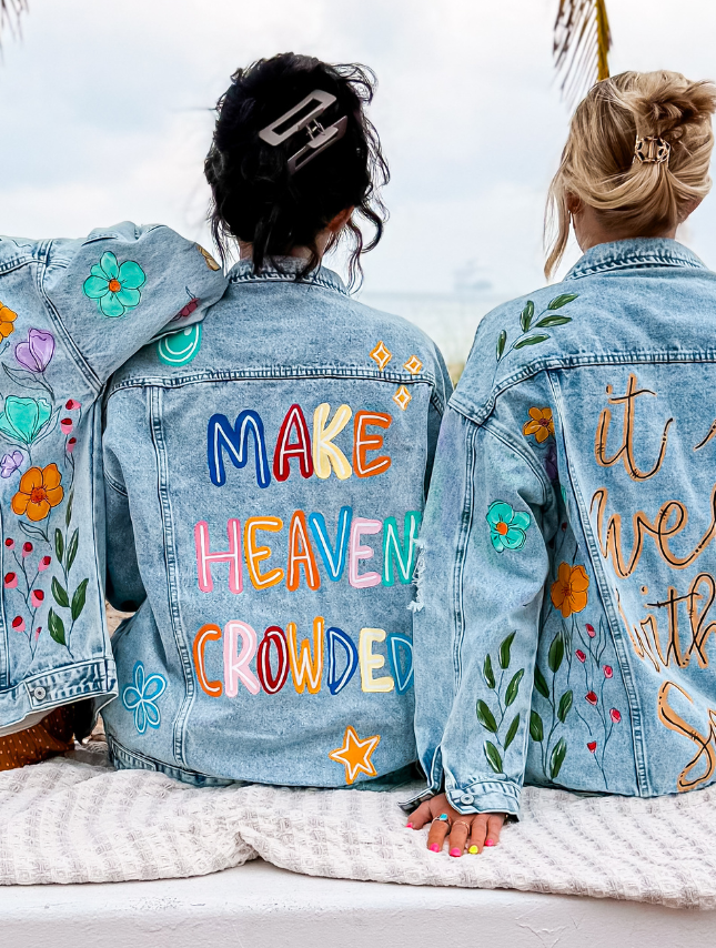 model wearing Custom Hand-Painted Jean Jacket - Happy Icons