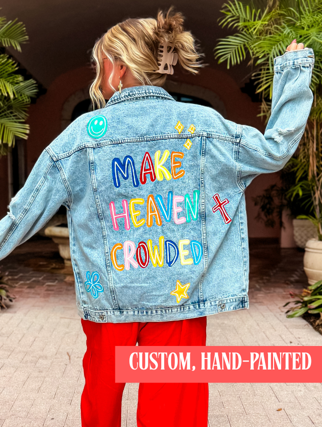 model wearing Custom Hand-Painted Jean Jacket - Happy Icons