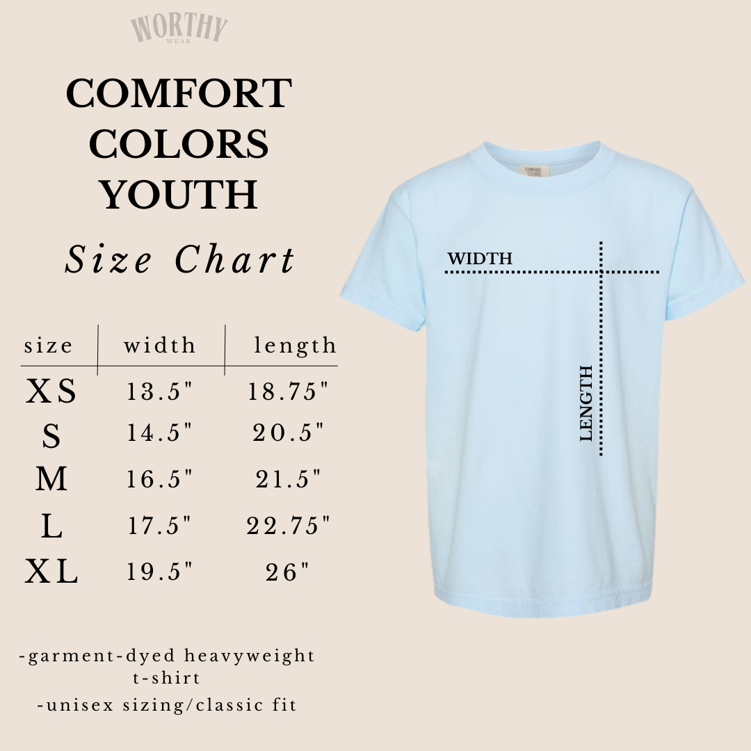 Youth tee size chart displaying garment dimensions in a light blue background with black text.