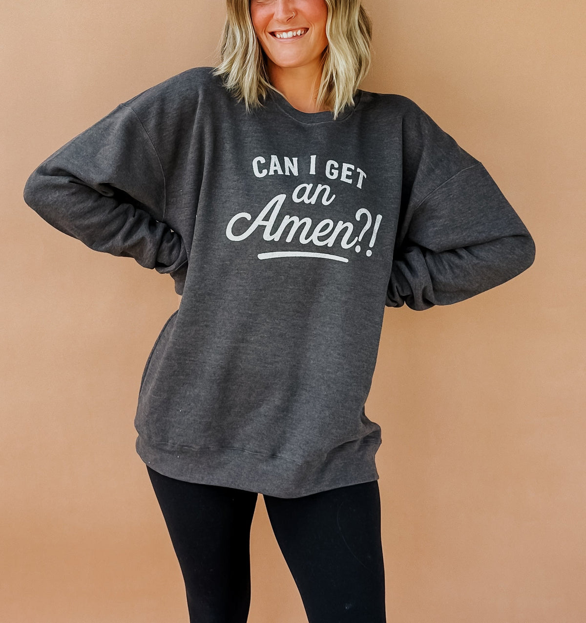 model wearing Can I Get An Amen Sweatshirt
