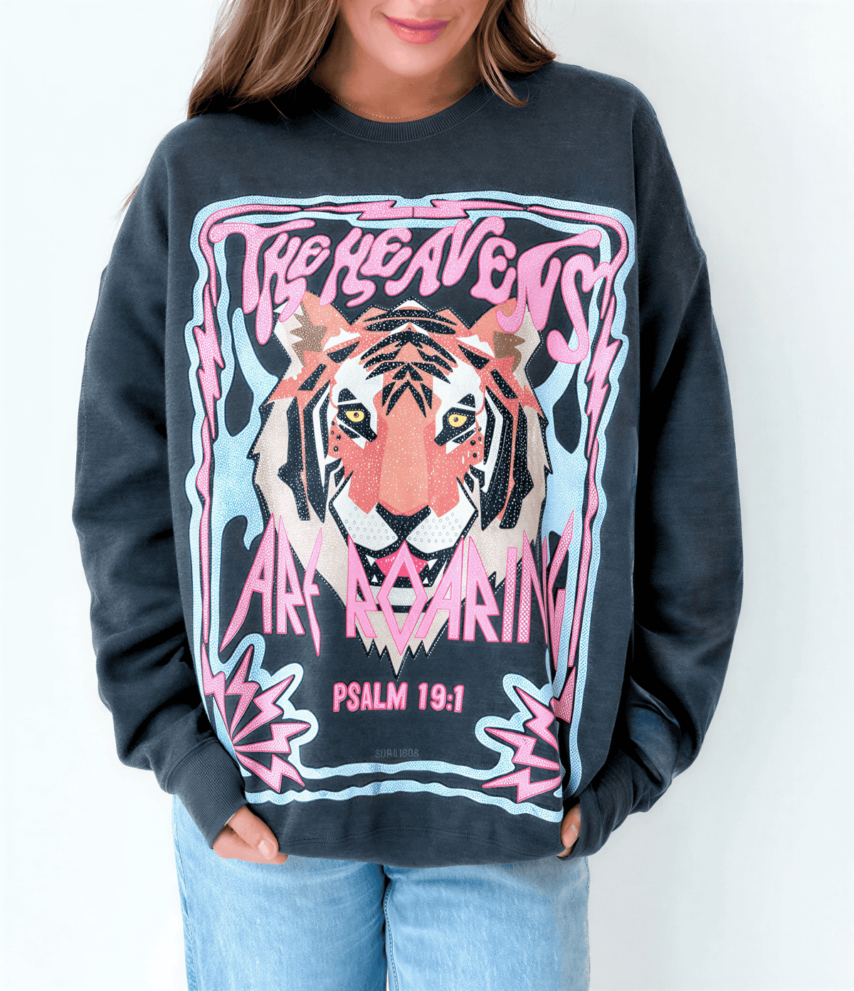 model wearing heavens are roaring tee