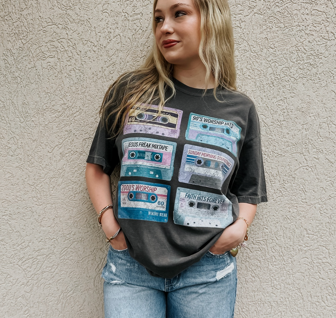 model wearing worship tapes tee
