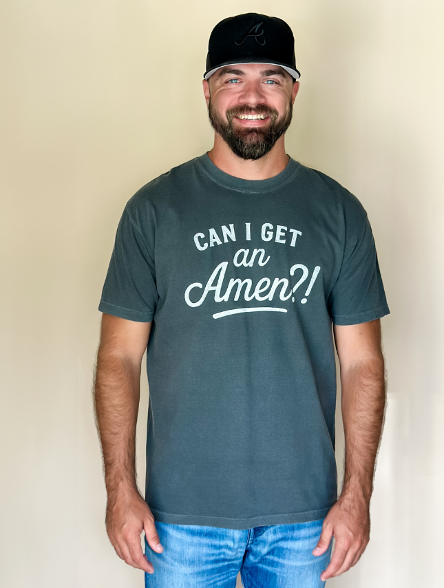 model wearing Can I Get An Amen Tee