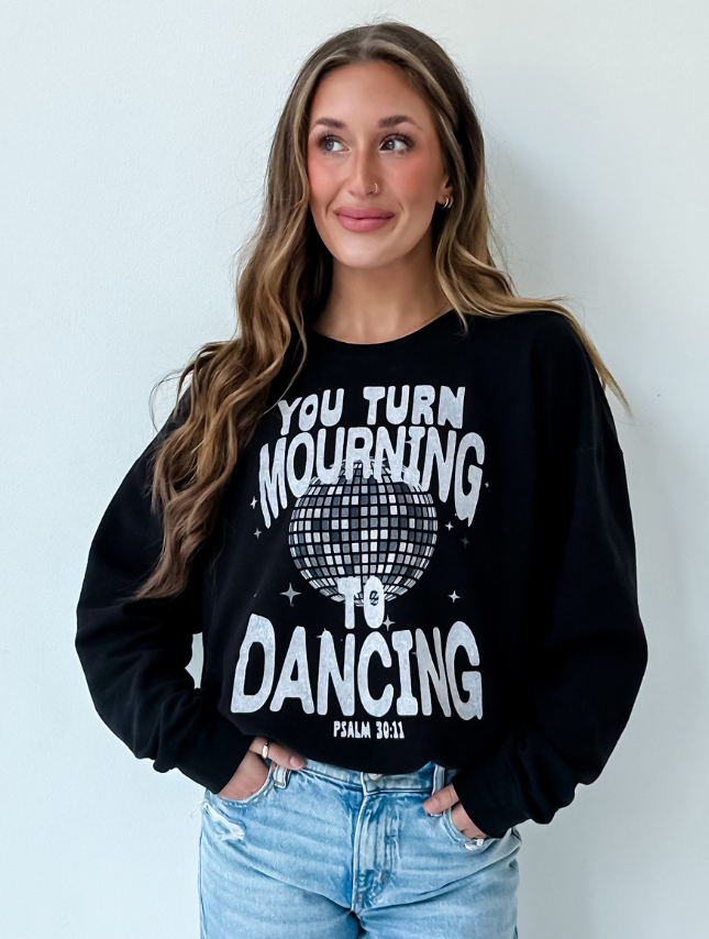 model wearing Turn Mourning To Dancing Sweatshirt
