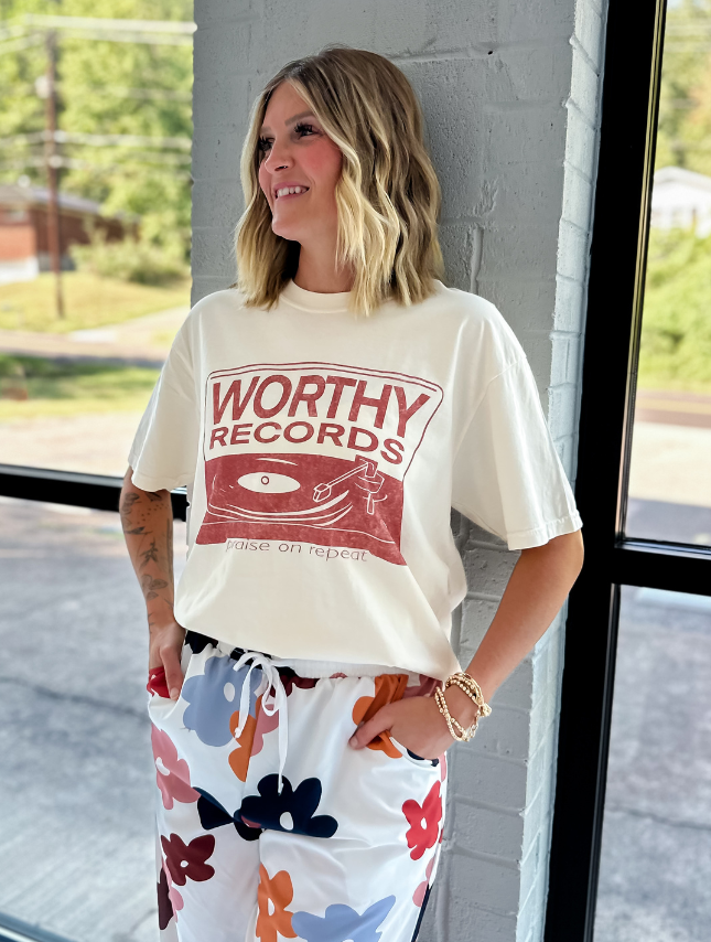 model wearing Worthy Records Tee
