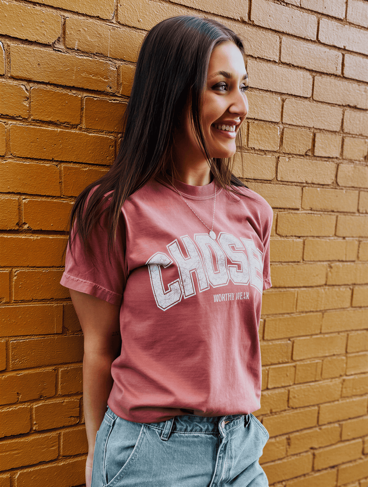 model wearing chosen tee