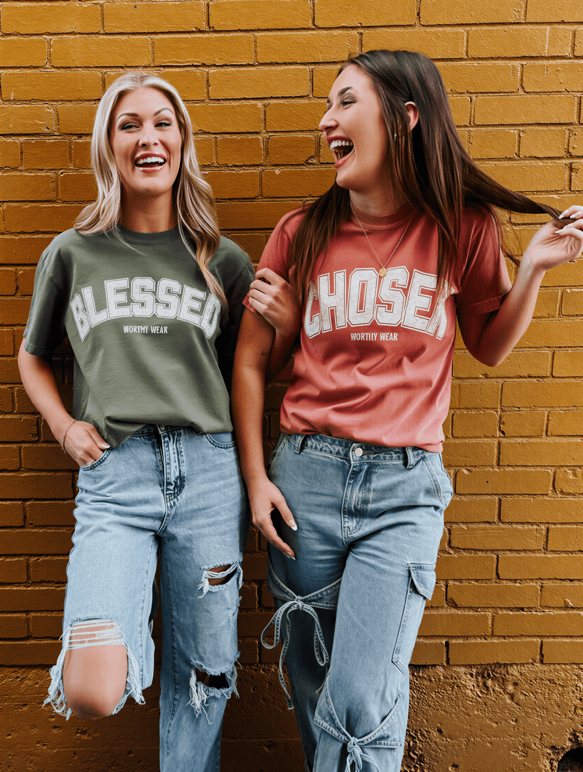models wearing worthy wear blessed and chosen tee